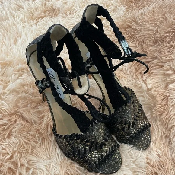 JIMMY CHOOBlack & Gold Snake Skin Print Suede Peep Toe Lace Up Heels39.5 9